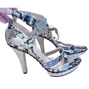 Via Spiga Snake Print Leather Platform Sandals Jute Wrapped Heel Size 8 Gray Tan